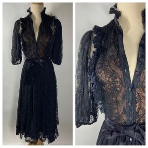 Vintage Size 6 Runs Small Floral Black Lace Victorian Dress Grunge Goth Boho O12